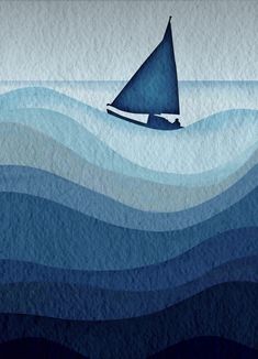 a painting of a sailboat floating in the ocean with blue and green waves behind it