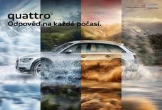 a car driving through water with mountains in the background and text that reads quatro