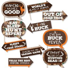 wooden signs with deer hunting sayings on them and arrows pointing in different directions to each other