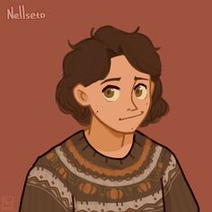 a drawing of a person with brown hair and an ugly look on their face, wearing a sweater