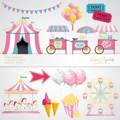 two circus banners with carnival rides, ice cream cones and popcorn poppers on them