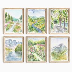 four watercolor paintings are hanging on the wall