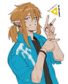 an anime character is making the peace sign with his hand and wearing a blue shirt