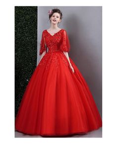 Buy Red Lace Ball Gown Formal Dress For Wedding With Cape Sleeves at wholesale price online. Free shipping and pro custom service since 2009. Fitted Red Gown For Debutante Ball, Red Fitted Gown For Debutante Ball, Red Fitted Bodice Evening Dress For Quinceanera, Red Tulle Quinceanera Dress For Debutante Ball, Red Tulle Gown With Fitted Bodice, Red Quinceanera Dress For Debutante Ball During Prom Season, Red Floor-length Ball Gown For Prom, Red Quinceanera Dress For Debutante Ball And Prom Season, Red Tulle Ball Gown For Formal Events