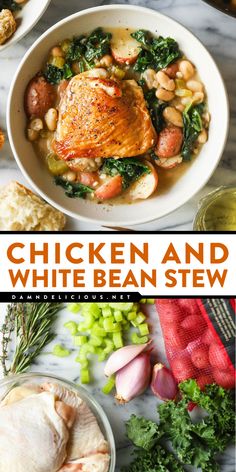 The BEST chicken and white bean stew! This chicken stew with white beans, potatoes, and kale is such a cozy meal in a bowl. Save this easy comfort food recipe and warm up with this soup idea for dinner! Potatoes And Kale, White Bean Stew, Beans Potatoes, Cozy Soup, Simple Chicken, Bean Stew, Hearty Dinner, Low Carbs, Minced Meat