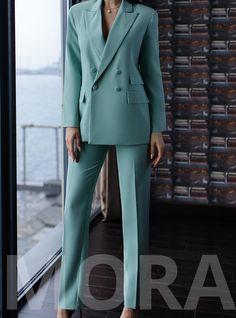 Tailored Trouser Sets For Office, Tailored Ankle-length Office Suits, Tailored Office Sets With Trousers, Green Pantsuit With Suit Collar For Office, Green Straight Pants Set For Work, Tailored Office Sets With Straight Pants, Solid Color Office Pantsuit, Office Pantsuit Trousers, Tailored Semi-formal Ankle-length Pantsuit