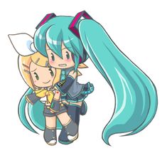 two anime characters hugging each other with long blue hair and green eyes on their faces