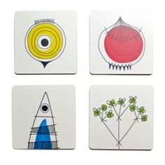 four square coasters with different designs on them