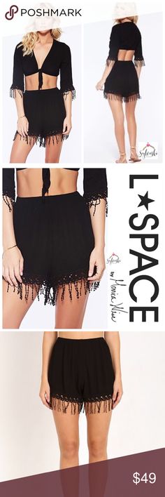 🆕L Space Eternity Due Shorts Add some bohemian flair to your wardrobe with this Eternity Wrap Shorts by L Space! With fringe trim  and , you can take this shorts from the beach to the bar. Wear for two completely different sexy looks.   L Space Eternity Duet Wrap Top ETETP16-BLK    Elastic back hemline  Wavy texture fabric  Size XS-L  100% rayon  Hand wash in cold water. Lay flat to dry. l*space Shorts Bohemian Stretch Shorts For Spring, Bohemian Loungewear Shorts For Beach Season, Bohemian Stretch Shorts, Bohemian Stretch Short Bottoms, Bohemian Fitted Shorts For Summer, Black Bohemian Shorts For Summer, Bohemian Fitted Summer Shorts, Chic Festival Bottoms Short Length, Bohemian High Waist Fitted Shorts