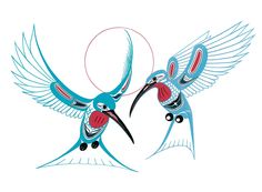 two blue birds flying next to each other on a white background with red and black accents