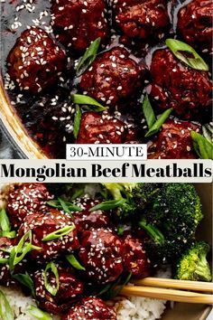 this is an image of beef meatballs and broccoli with sesame seeds on top