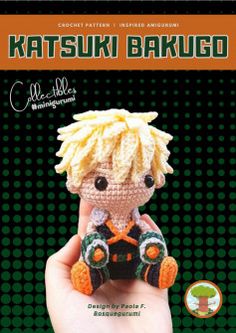 a hand holding a small stuffed animal in it's right hand, with the title katsuki bakugo written below