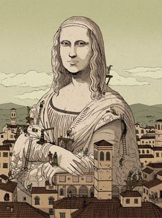 a drawing of a woman with long hair standing in front of a city