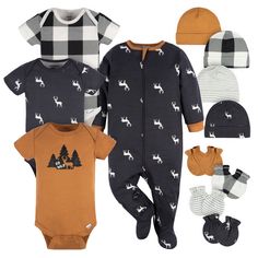 Dress your baby boy in cozy comfort with this multi-piece pack featuring a charming deer theme. The set includes three Onesies® Brand Bodysuits that are secured with snaps at the legs and feature a lap shoulder neckline, making it easy to remove the garment down over the legs if needed. The Sleep N' Play has an inverted zipper with a zipper protector for convenience and safety. With four cotton caps and four mittens, this set has everything you need. All items are machine washable for easy care Deer Theme, Baby Size Chart, Baby Layette, Boy Stuff, Baby Fits, Layette Set, Gerber Baby, Stylish Baby, Toddler Boy Outfits