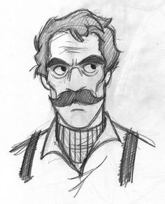 a drawing of a man with a mustache and glasses on his face, looking at the camera