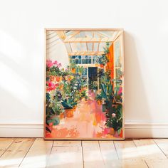 a painting on the wall in front of a doorway with potted plants and flowers