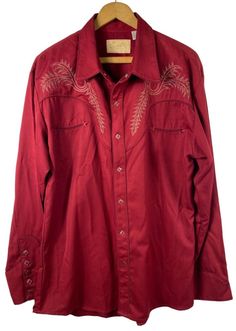 Scully Embroidered Western Shirt Pearl Snap, Burgundy Red, Cowboy Western Wear, Rodeo, Long Sleeve Rockabilly Style, Mens Large Good gently pre-owned condition. Chest: 44" Length: 29" Western Long Sleeve Embroidered Shirt, Western Style Long Sleeve Embroidered Shirt, Red Embroidered Long Sleeve Shirt, Fitted Embroidered Red Shirt, Western Style Embroidered Cotton Shirt, Fitted Red Embroidered Shirt, Vintage Embroidered Tops For Rodeo, Vintage Red Tops For Rodeo, Embroidered Western Shirt