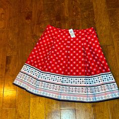 Nautical Style Skirt, Lined, A-Line, Full, Pleated, Red, White, And Blue. Seashells, Anchors, Crabs And A Ship Helm. Super Cute. New With Tags. Size 12 Red Preppy Skirt, Preppy Red Skirt, Red Cotton Skirt For Vacation, Red Skirt For Summer Holidays, Ship Helm, Blue Seashells, Business Casual Skirt, Green Floral Skirt, Pleated Chiffon Skirt