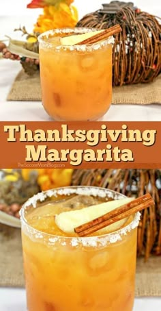 thanksgiving margarita with cinnamon garnish and an apple slice on the rim