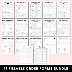 the printable order forms bundle is shown in black and white, with pink background