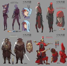 the concept art for an upcoming video game is shown in several different poses and colors