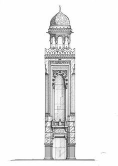 a drawing of a tall tower with a dome on top