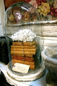 there is a glass dome with flowers in it on top of books and other items