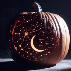 a carved pumpkin with the moon and stars on it