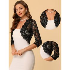 In a floral lace pattern, this stylish pretty top adds a touch of elegance to your wardrobe. This shrug is designed with floral lace, stylish gold decoration, and an open front style for a comfortable fit. Pair it with a beautiful dress or skirt for an elegant and charming look. Floral Lace Pattern, Lace Shrug, Shrug Cardigan, Pretty Top, Cardigan Top, Gold Decor, Cropped Cardigan, Lace Pattern, Black Cardigan