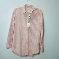 Nwt Gap Stripped Button Up Boyfriend Shirt Size S P Salmon Color Blue And White Stripes Gap Relaxed Fit Shirt For Spring, Spring Striped Shirt With Buttons, Spring Striped Shirt With Button Closure, Striped Shirt With Button Closure For Spring, Gap Pink Tops For Spring, Pink Gap Tops For Spring, Spring Gap Tops With Buttons, Pink Cotton Shirt With Striped Collar, Spring Buttoned Tops From Gap