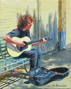 a painting of a man sitting on a bench playing the guitar