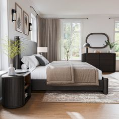 a bedroom with a large bed, dresser and mirror in it's center area