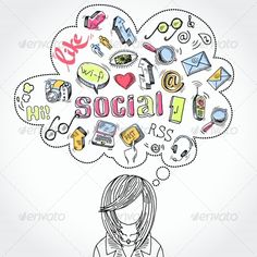 woman with social icons above her head in the shape of a thought bubble on a white background