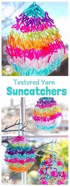 some yarn balls hanging from a window sill with the words, textured yarn sun catchers