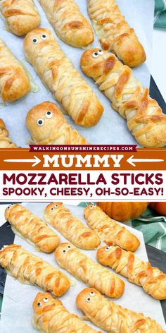 Bring fun Halloween treats for parties with this tasty snack recipe! Transform what used to be ordinary string cheese into a cheesy mummy! With just crescent dough, cheese, and eye candy, you'll have your spooky treat! Mummy Cheese Sticks, Crescent Roll Halloween Recipes, Cheese Crescent Rolls, Fun Halloween Treats, Easy Autumn Recipes, Crescent Dough, String Cheese, Cheesy Bread, Baked Cheese