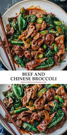 beef and chinese broccoli stir fry with chopsticks on a white plate