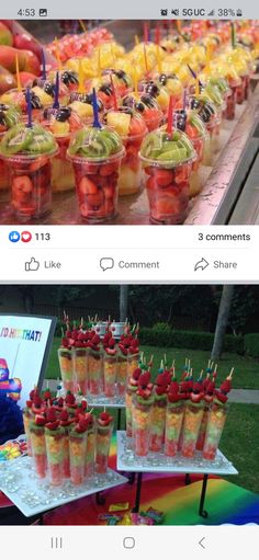 two photos side by side, one with fruit and the other has strawberries in cups