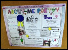 a bulletin board with pictures and writing on it that says about me poetry in the middle