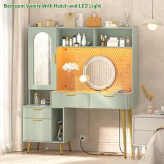 a bedroom vanity with hutch and led light is shown in this image, it appears to be painted yellow