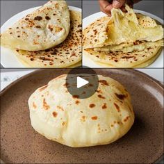 the process of making tortilla bread is shown in four different pictures, including one being cut into pieces