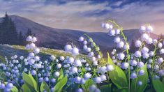 a painting of white flowers and mountains in the background