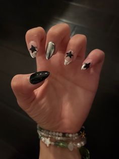 Mitski Nails, Black Gel X Nails, Uñas Dark Aesthetic, Star Chrome Nails, Cut Dog Nails, Rockstar Nails, Concert Nails, Nail Trimming