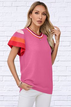 This stunning Color Block Round Neck Knit Top With Frill Sleeve is the perfect addition to any wardrobe! With its chic round neckline and beautiful color block design, it's sure to turn heads. The frill sleeve adds a touch of femininity to this versatile knit top. A must-have for any fashion enthusiast!Features: Basic style Stretch: Stretchy Material composition: 50% viscose, 28% polyester, 22% polyamide Care instructions: Machine wash cold. Tumble dry low. Imported Size US Bust Shoulder Sleeve Knit Crew Neck Tops With Striped Sleeves, Knit Tops With Striped Sleeves And Crew Neck, Pink Crew Neck Knit Top, Trendy Knit Top With Contrast Color, Chic Knit Color Block Tops, Chic Color Block Crew Neck Tops, Chic Knit Top With Color Block, Chic Crew Neck Top With Color Block, Trendy Pink Tops With Splicing