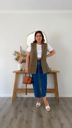 Longline Waistcoat Outfit, Long Waistcoat Outfit, Daytime Fashion, Waistcoat Outfit, Long Waistcoat, Co Ords Outfits, Outfit Links, Midi Jeans, Crepe Skirts