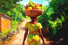 a painting of a woman walking down a path carrying fruit on her head and wearing a straw hat