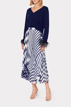 This midi length skirt with printed pleats falls with fluidity and ease to an A-line silhouette. It’s lightweight and flowy, yet still packs a bold punch. This season’s update features a fun mix of competing stripes with our new Patchwork Chevron print. For the full look, style yours with our Lacey Patchwork Chevron Top. Spring Viscose Lined Skirt, Spring Pleated Skirt Bottoms In Viscose, Spring Pleated Skirt In Viscose, Spring Viscose Pleated Skirt Bottoms, Spring Viscose Skirt, Flowy Lined Skirt Made Of Viscose, Flowy Viscose Flared Skirt, Flowy Viscose Lined Skirt, Flowy Long Viscose Skirt