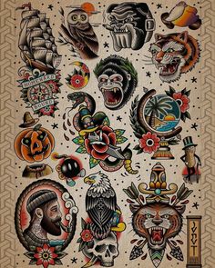 an old school tattoo design with many different tattoos