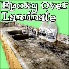 a bottle of epoxy over laminate sitting on top of a kitchen counter