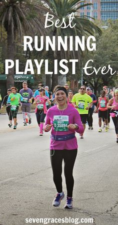 a woman running in a marathon with text overlay that reads best running playlist ever