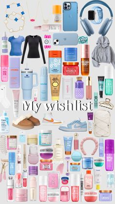 the words my wishlist are surrounded by many different types of cosmetics and personal care items